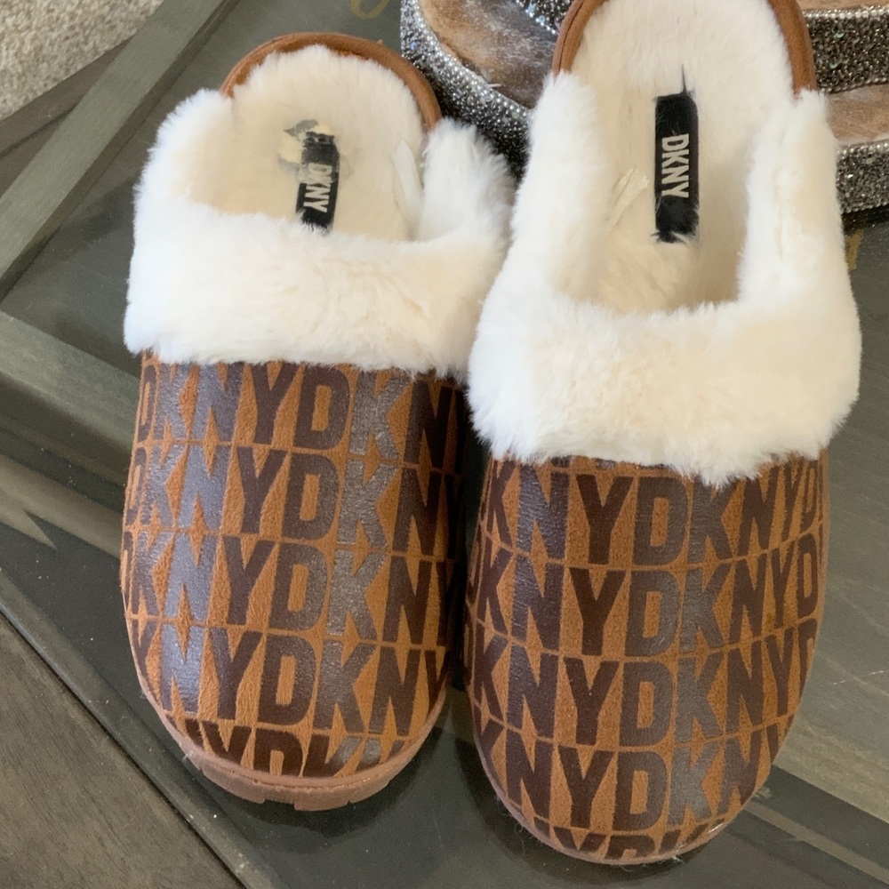 DKNY Brown and Cream Fur-Lined Slippers